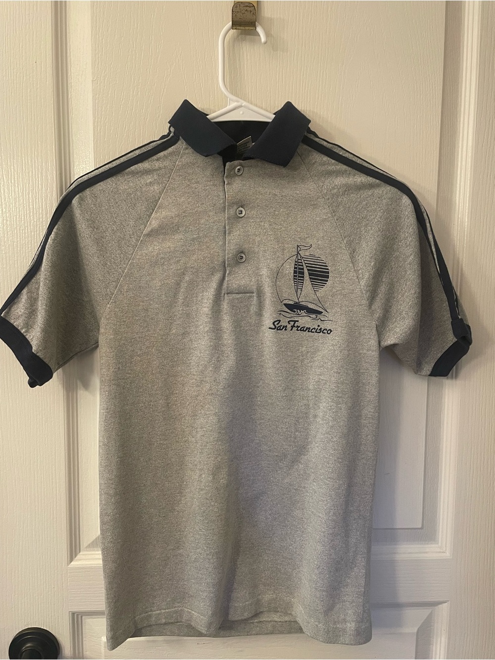 Grey Polo Shirt with Navy Trim and San Francisco Sailboat Embroidery